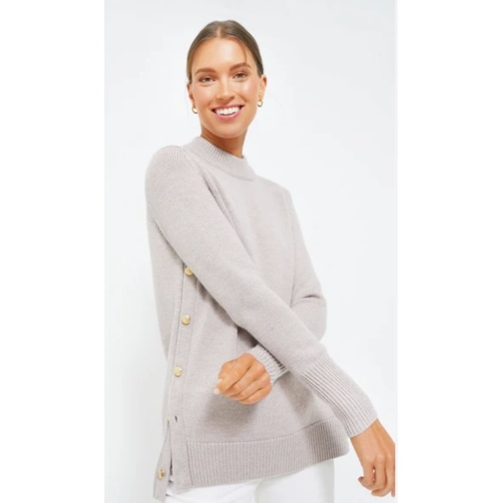 Tuckernuck Wheat Bexley Crew Sweater‎ Wool Blend Gold Buttons Beige Gray SZ S